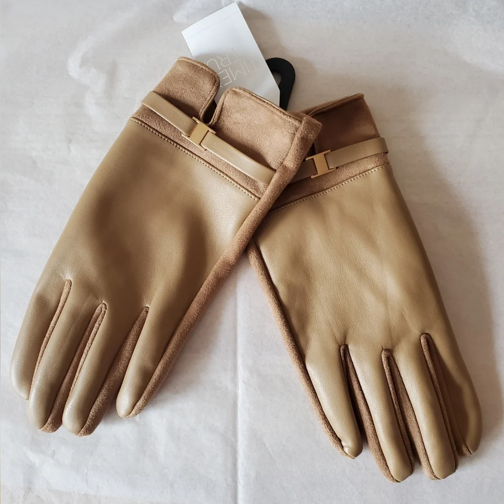 Tan Winter Womens Gloves With Gold Decor Size L/XL New
